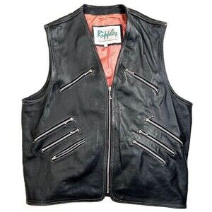 Ripples Black Leather Zip Detail Motorcycle Vest Men’s Size xl